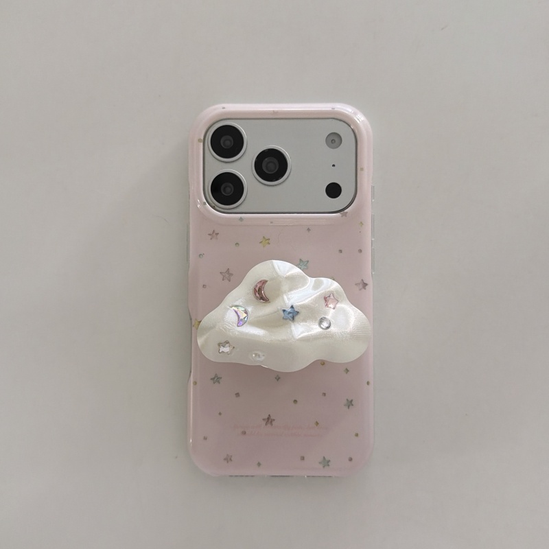 3D Printing Iphone - Niedliche Rosa Sternenmuster Handyhülle mit 3D-Wolken-Strass-Griffhalter